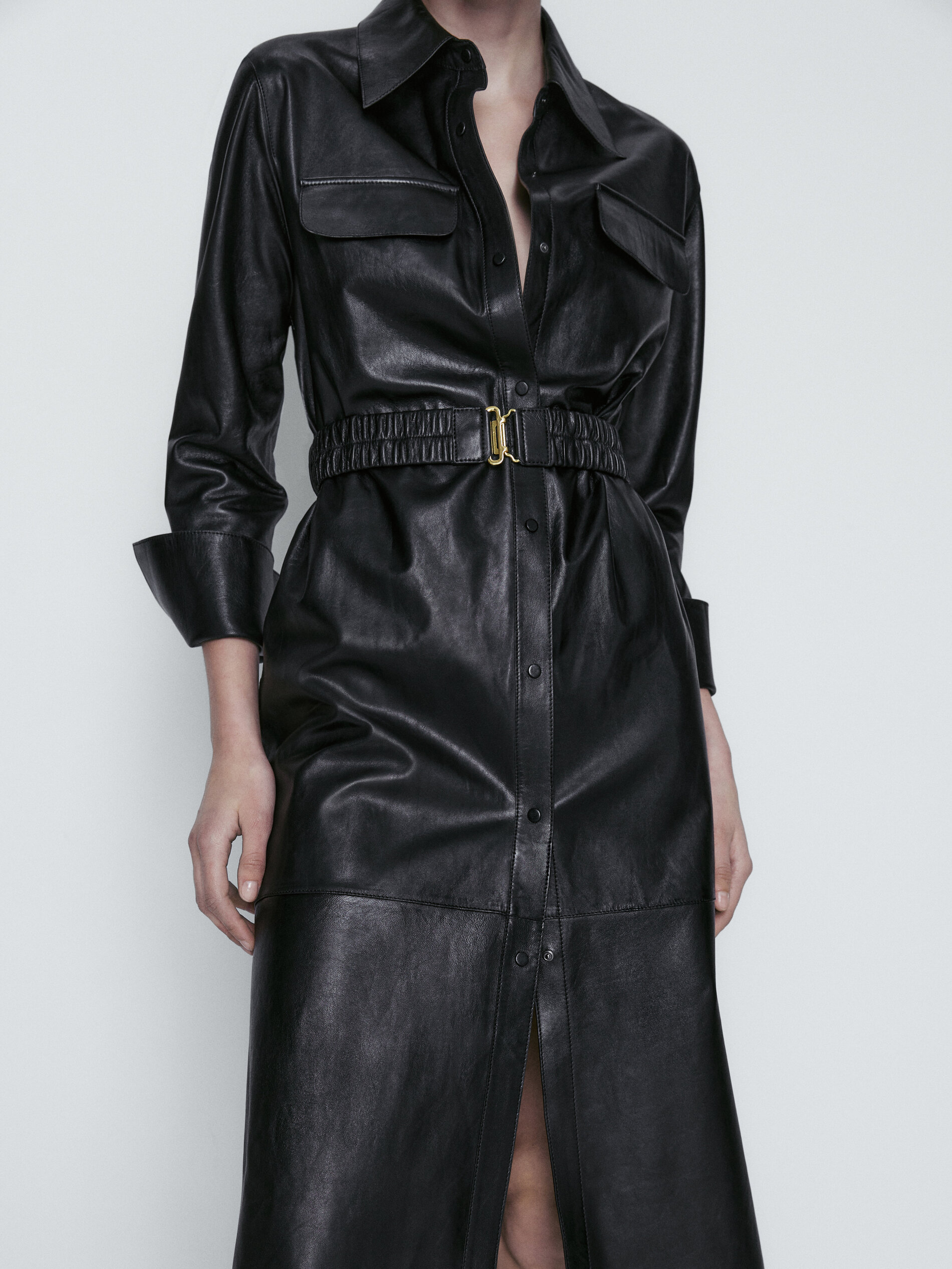 Vestido piel napa cinturón elástico - NEGRO