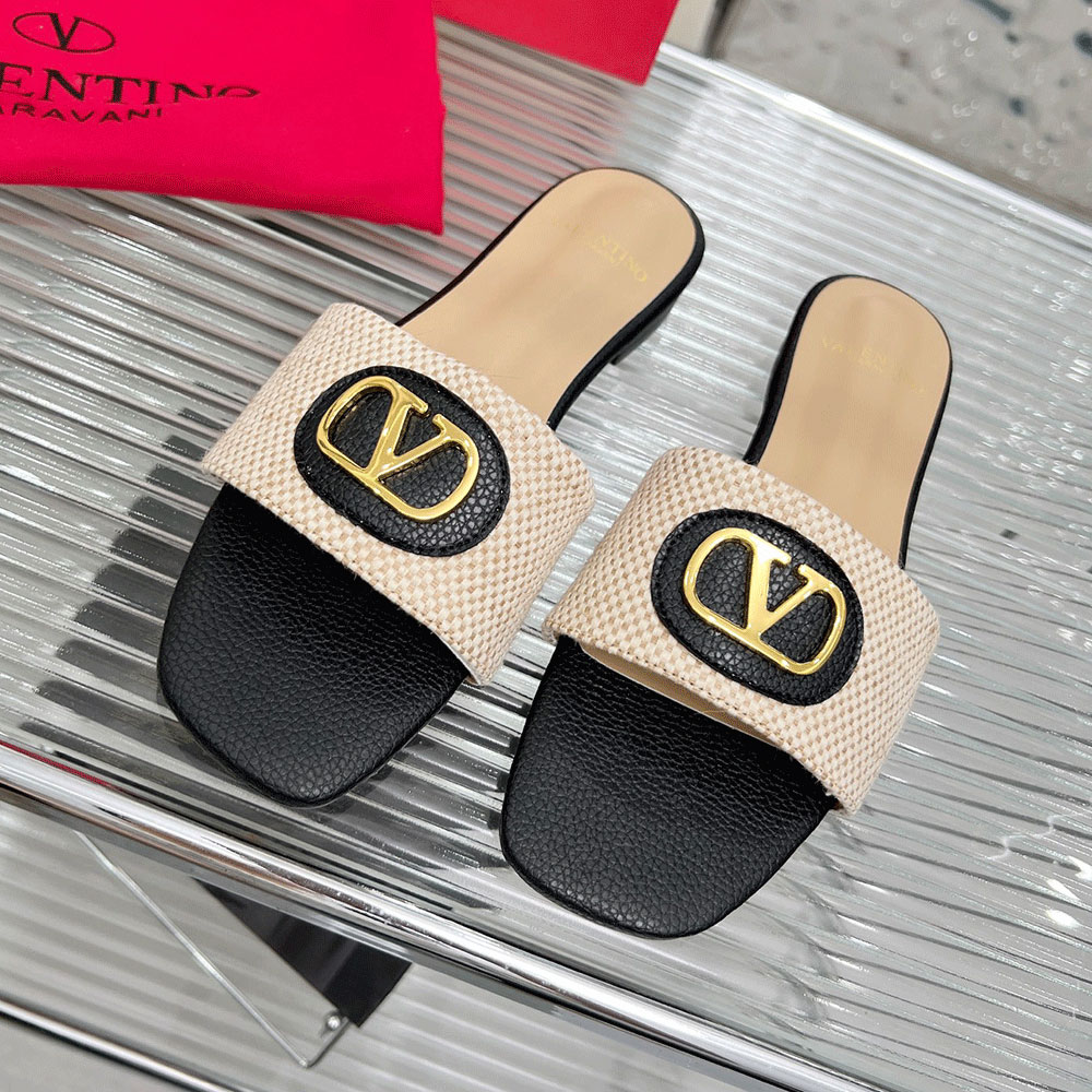 Valentino embellished textured-leather and canvas slides (Replica)