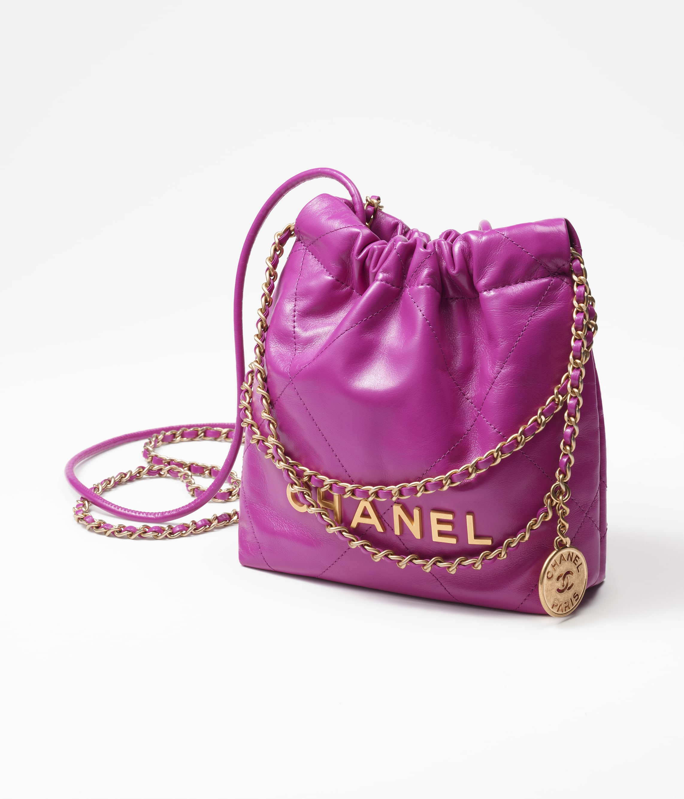 CHANEL 22 MINI HANDBAG Shiny Calfskin & Gold-Tone Metal Purple