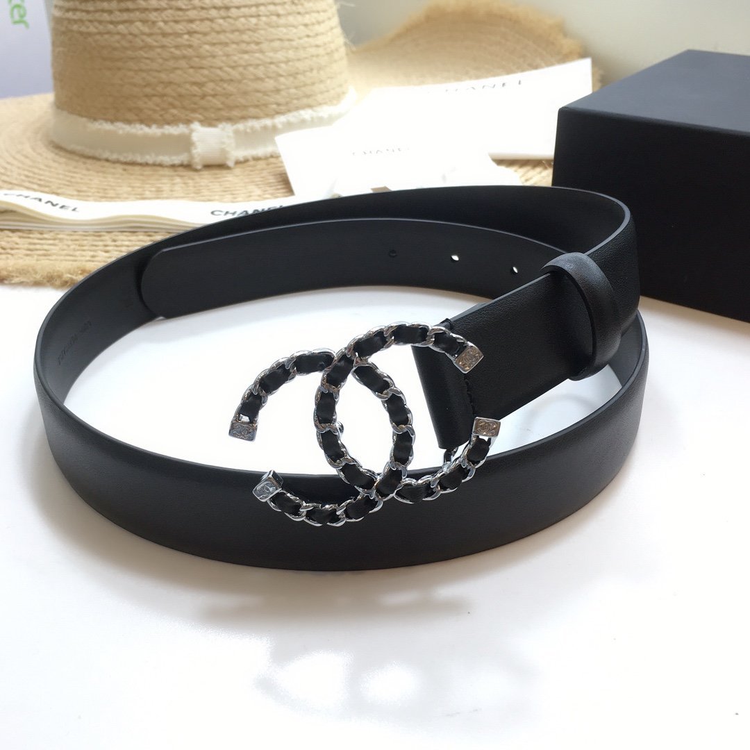 Chanel Belt With Double C Buckle Black with Silver mix Black Hardware Women Belt 30MM