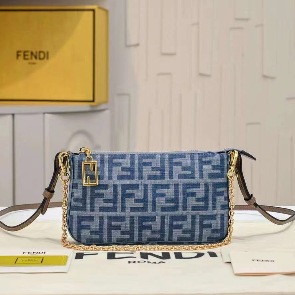 Fendi Baguette Light blue FF chain denim clutch bag  (Replica)
