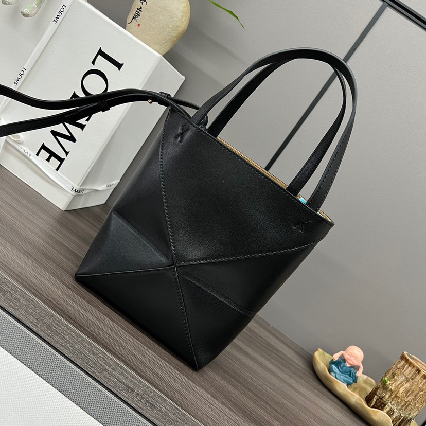 Loewe Puzzle Fold Tote in shiny calfskin Mini Black(Replica)