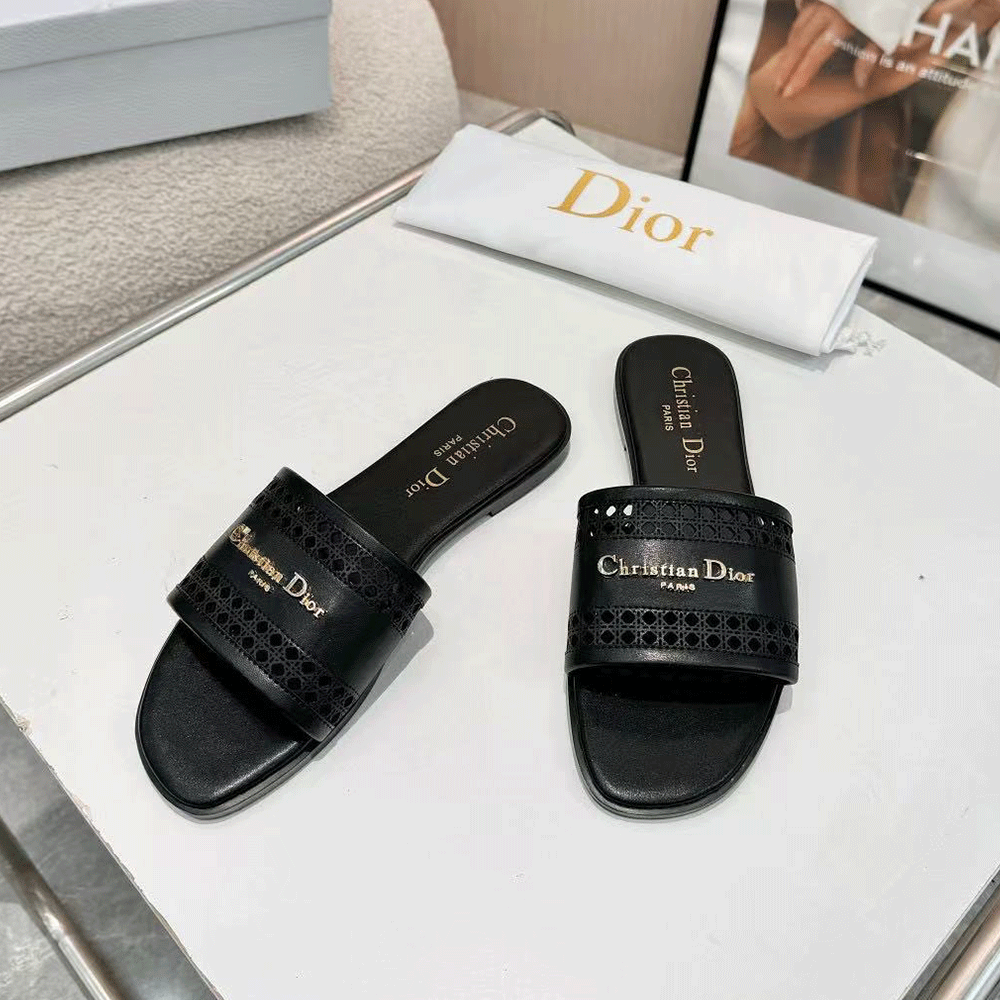 DIOR Lane black hollow rattan pattern slide sandals （Replica）