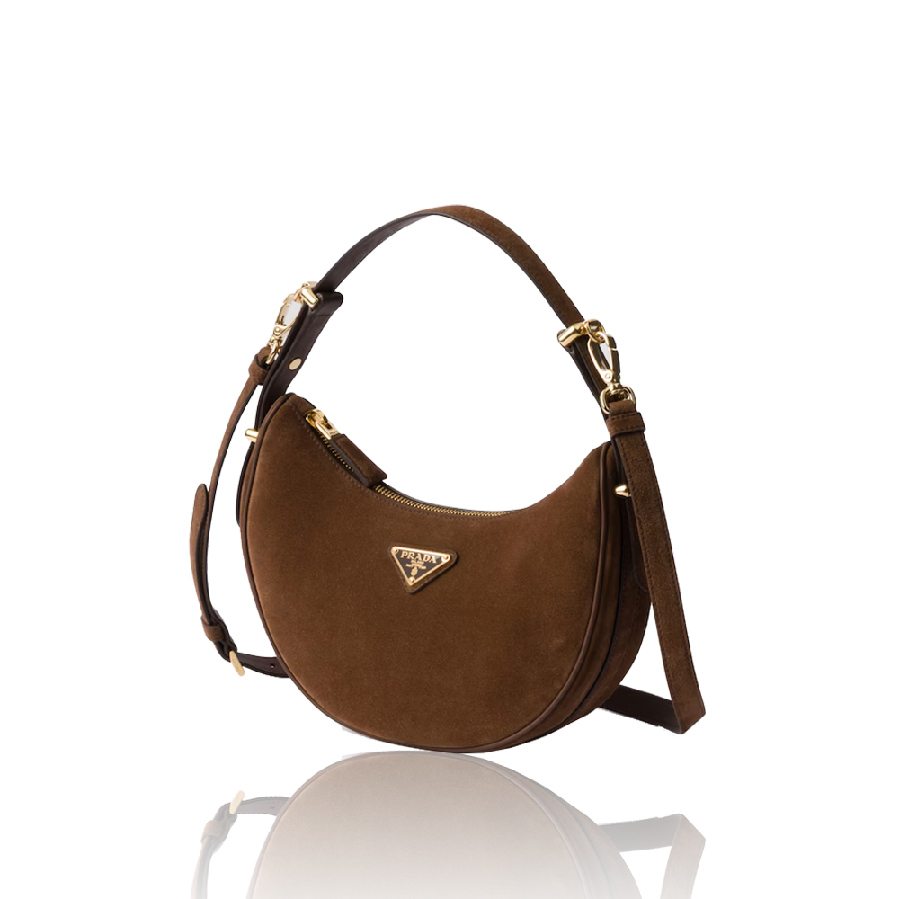 Prada Women's Brown Arqué Suede Moon Shoulder Bag  (Replica)