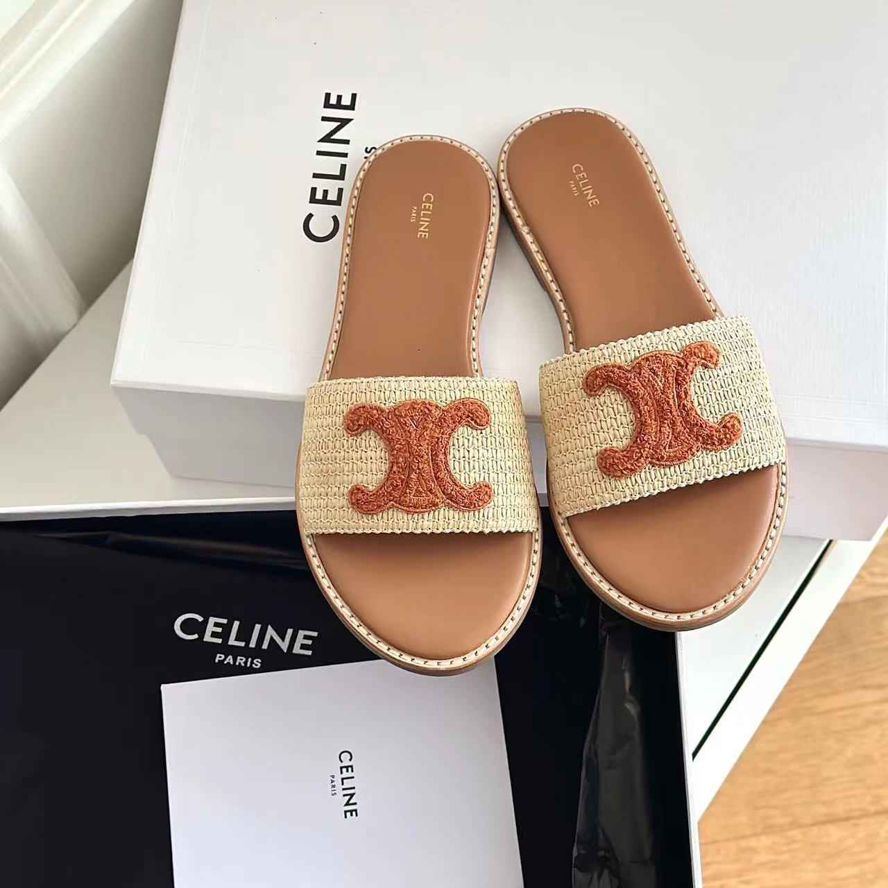 CELINE Women's Mule Sandals - Flat Sandals with Signature Logo (Replica)