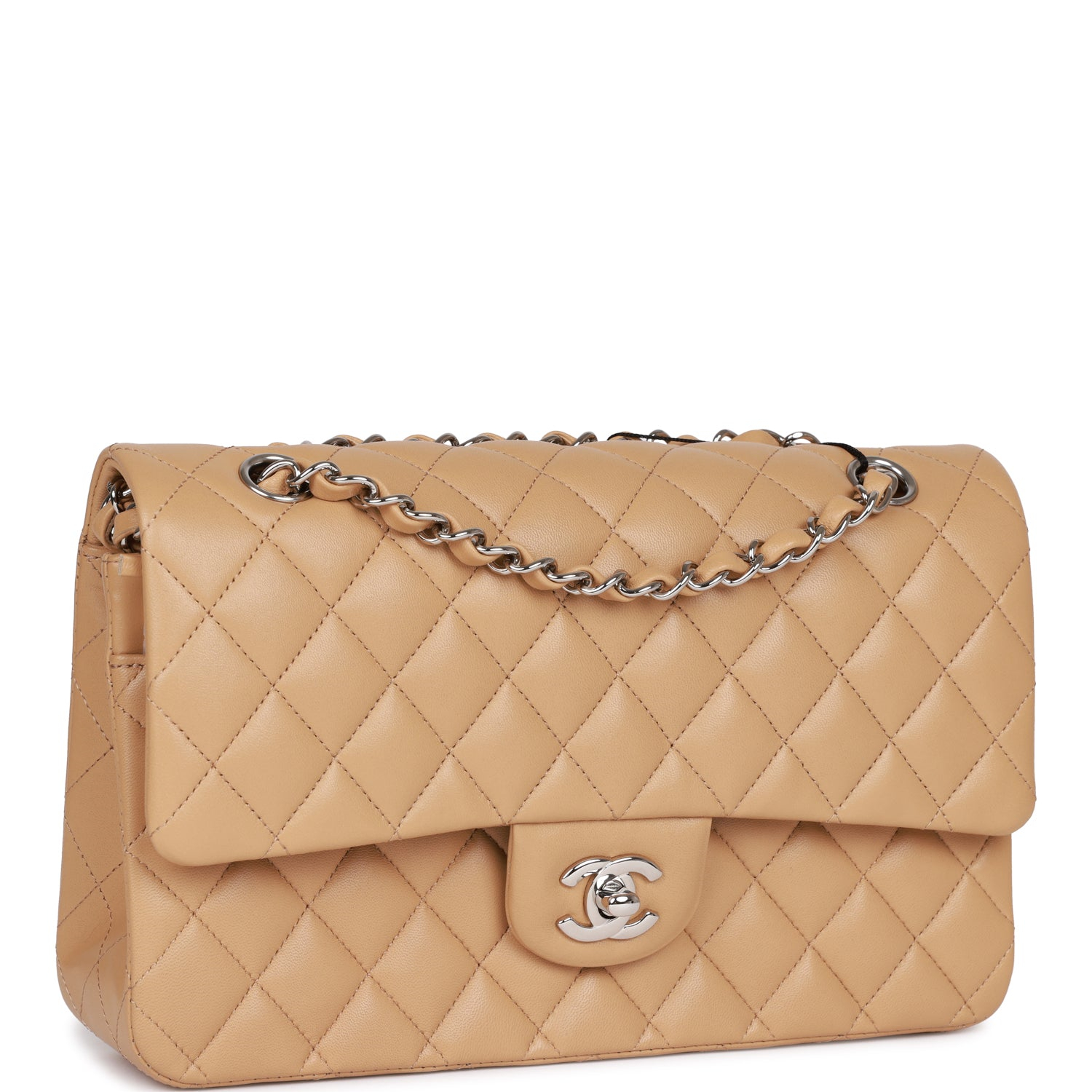 Chanel Classic Flag Bag Medium Classic Double Flap Bag Beige   Silver Hardware