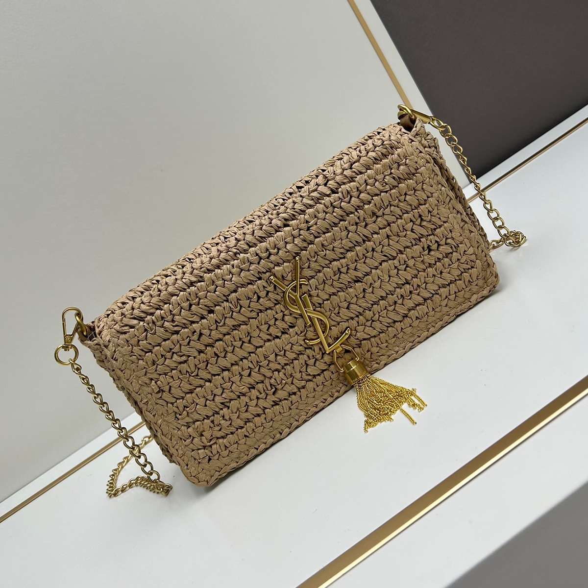 Saint Laurent Kate 99 Shoulder Bag Dark Nude Raffia(Replica)