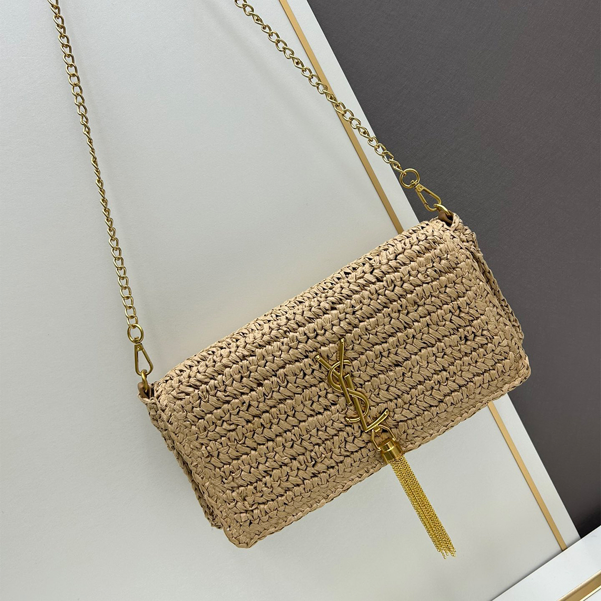 Saint Laurent Kate 99 Shoulder Bag Dark Nude Raffia(Replica)