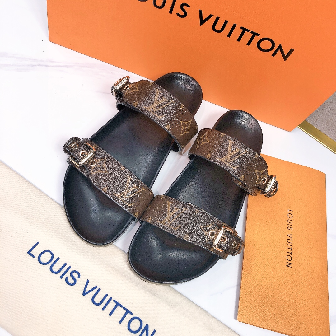 Louis Vuitton LV Bom Dia Leather Slide Sandals  (Replica)