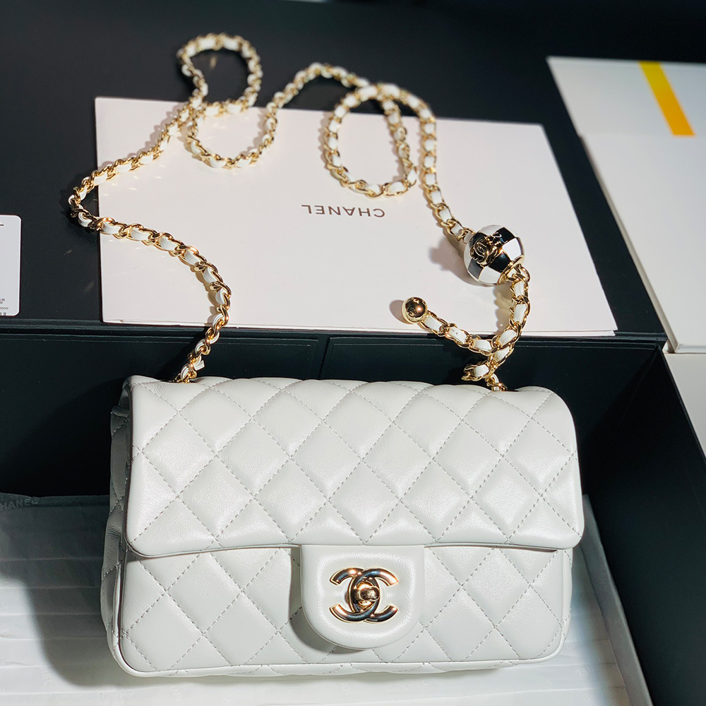 Chanel Classic Flag Bag Pearl Crush Mini Square Flap Bag White Light Gold Hardware
