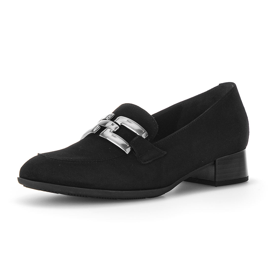GABOR black suede loafer with silver buckle,