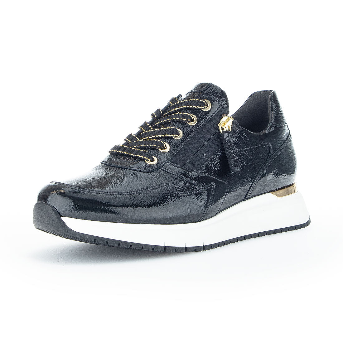 GABOR Black lacquer sneaker with laces + zipper,