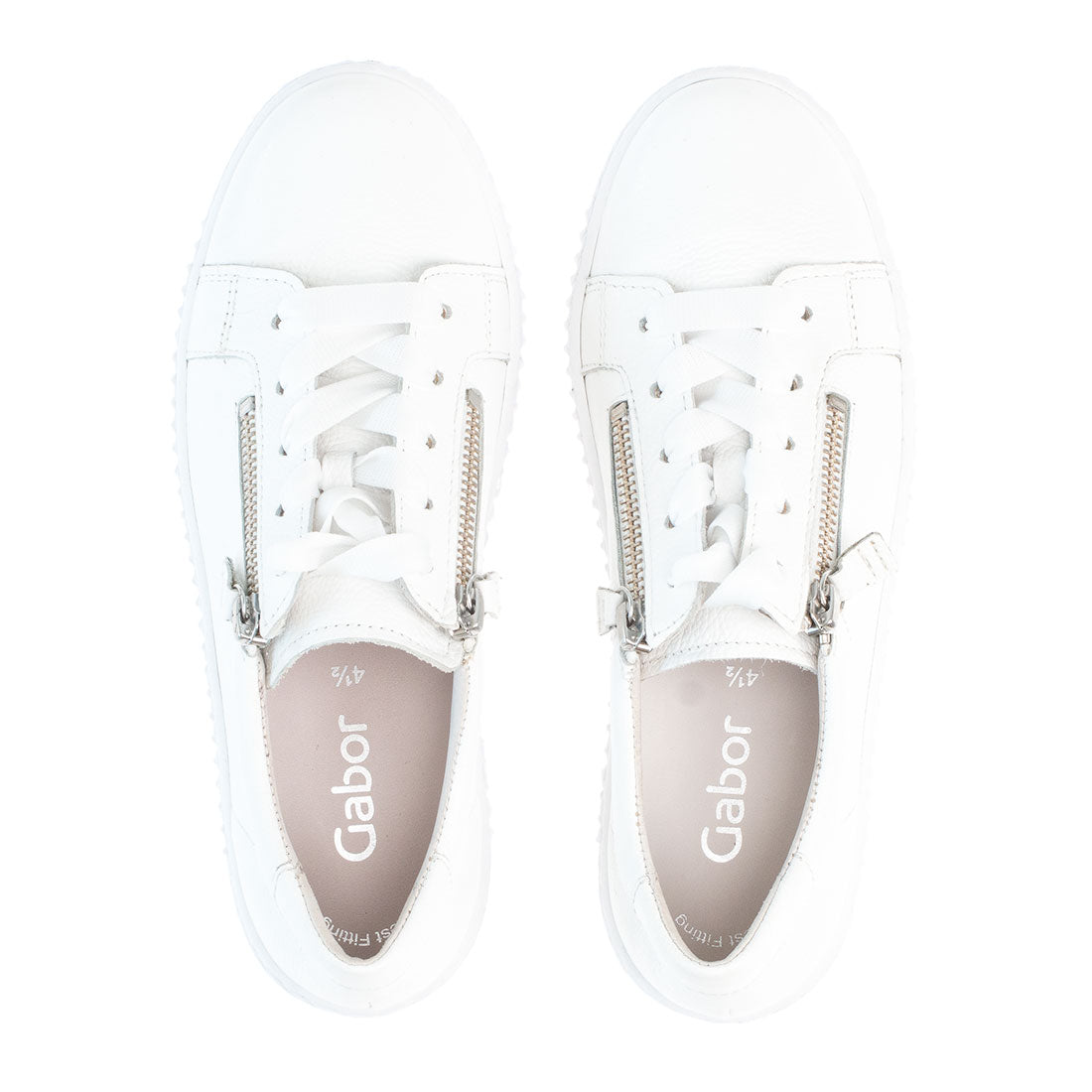 GABOR White leather sneaker with zip + lace,