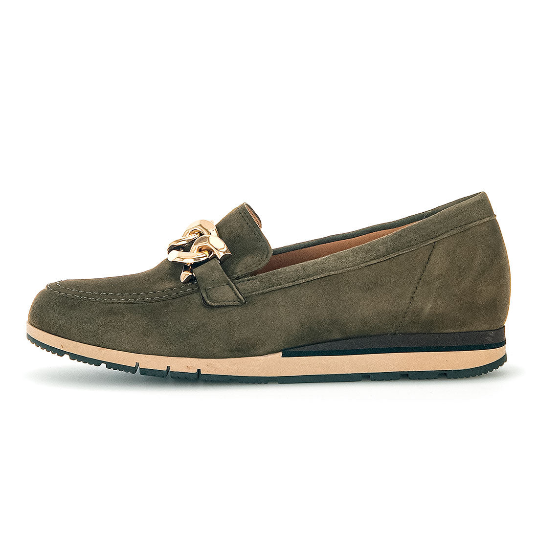 GABOR Olive green suede loafer with buckle,
