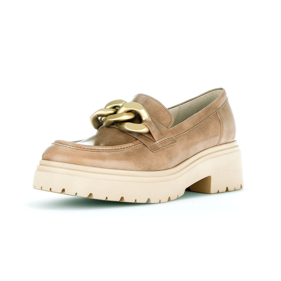 GABOR Light brown leather loafer matte gold chain,