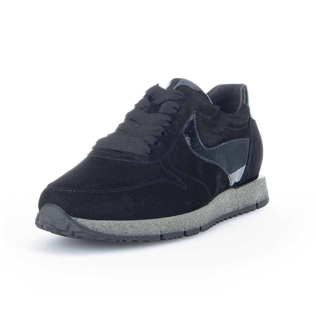 GABOR Black suede sneaker with lacquer detlayer,