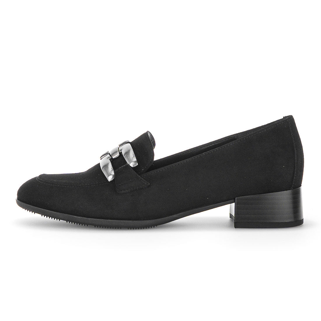 GABOR black suede loafer with silver buckle,
