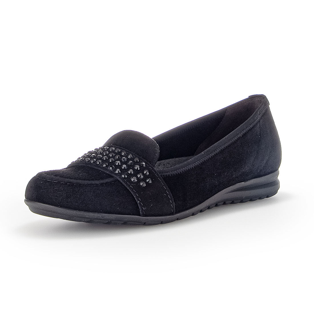 GABOR Black suede loafer with black stones,