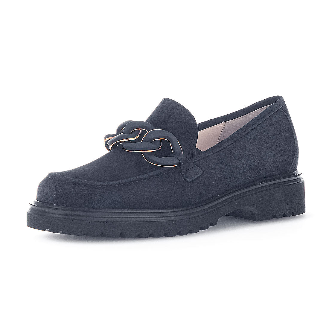 GABOR Blue suede loafer with chain decoration,