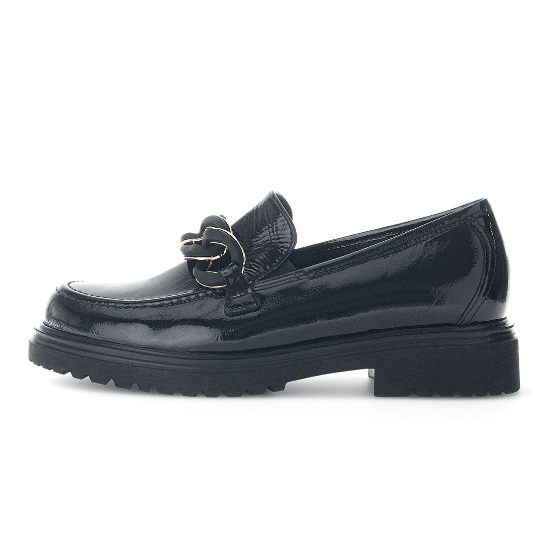 GABOR Black lacquer loafer with chain decoration,