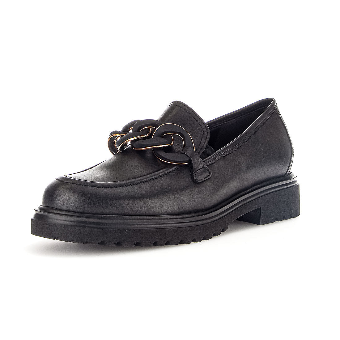 GABOR Black leather loafer with chain decoration,