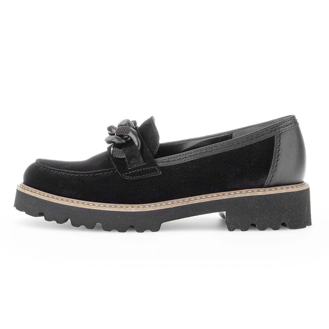 GABOR black suede loafer with black bit,