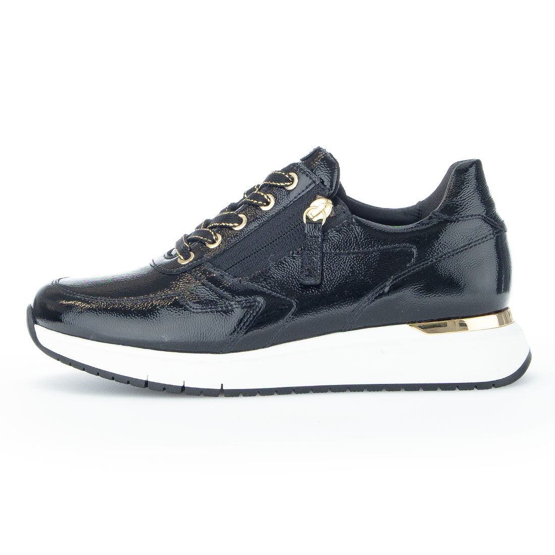 GABOR Black lacquer sneaker with laces + zipper,