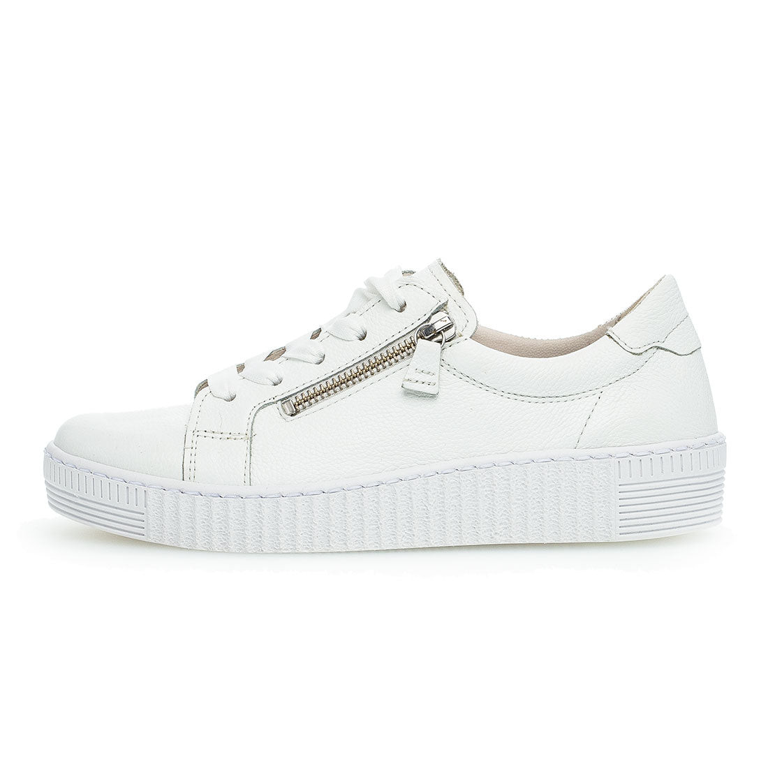 GABOR White leather sneaker with zip + lace,