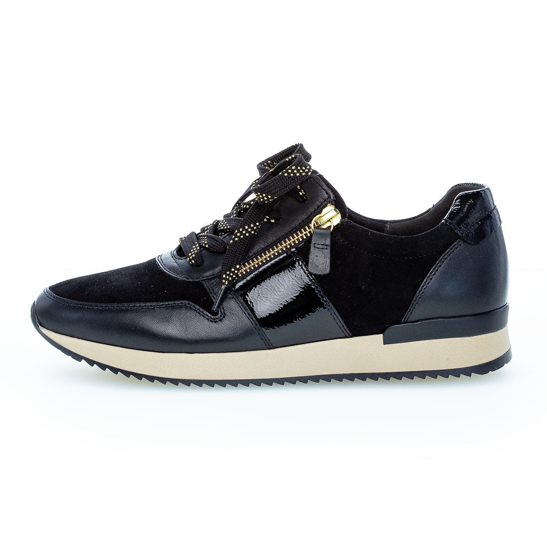 GABOR Black leather/suede sneaker with lacquer,