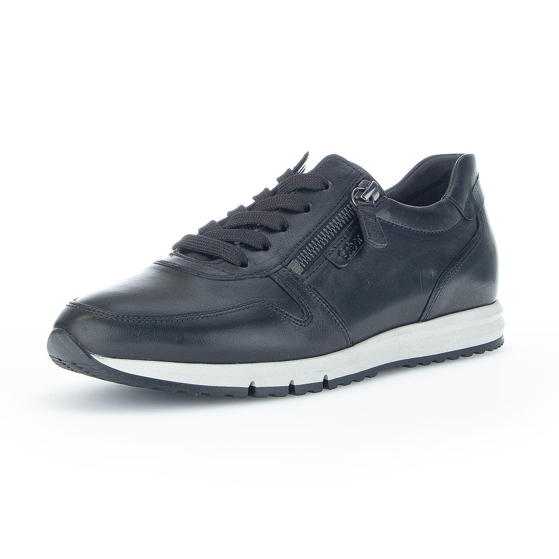GABOR Black leather sneaker with laces + zipper,