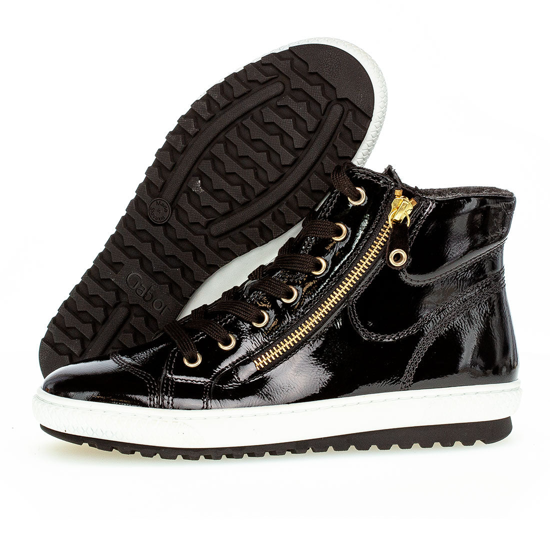 GABOR Black lacquer sneaker with laces + zipper,