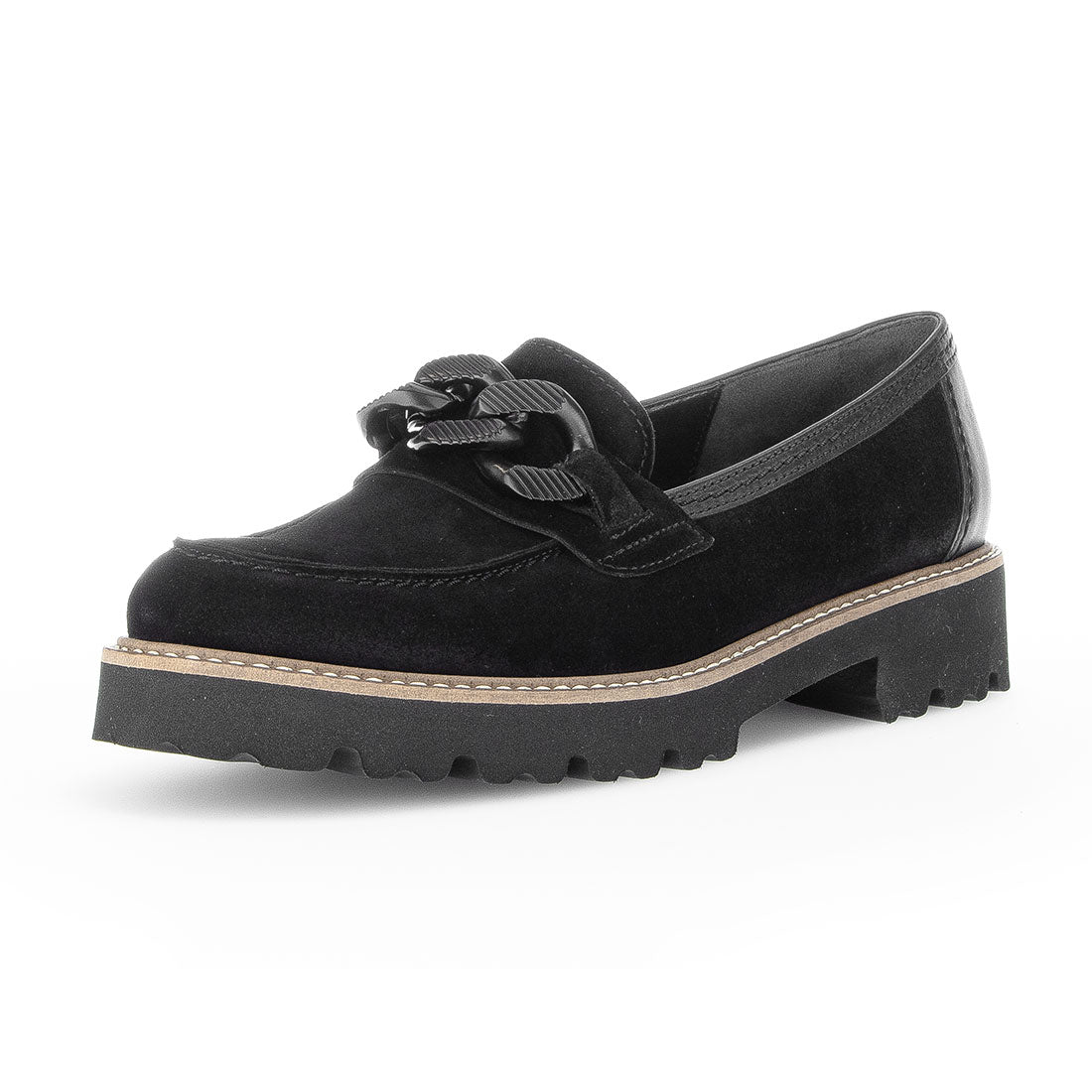 GABOR black suede loafer with black bit,