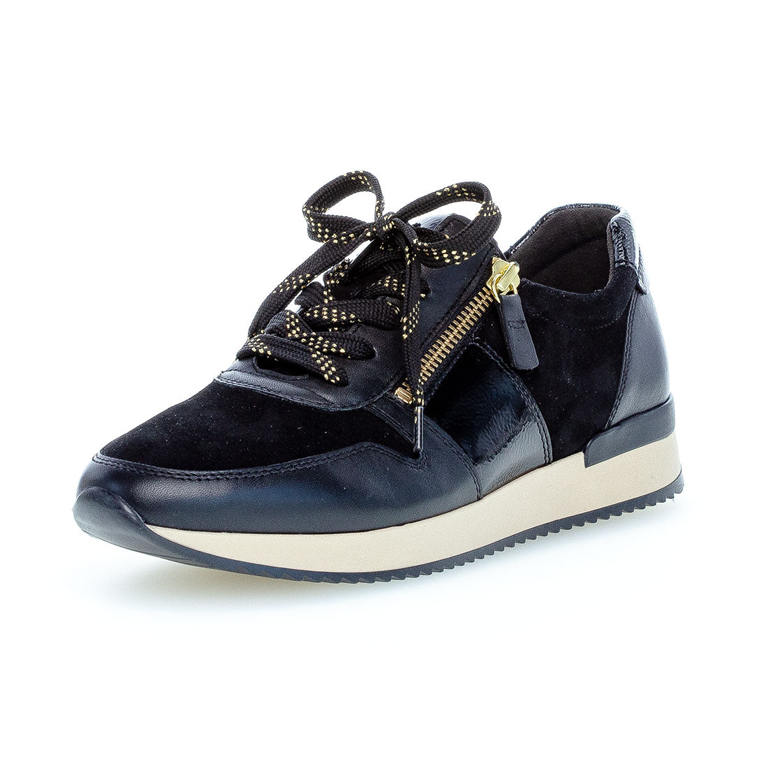 GABOR Black leather/suede sneaker with lacquer,