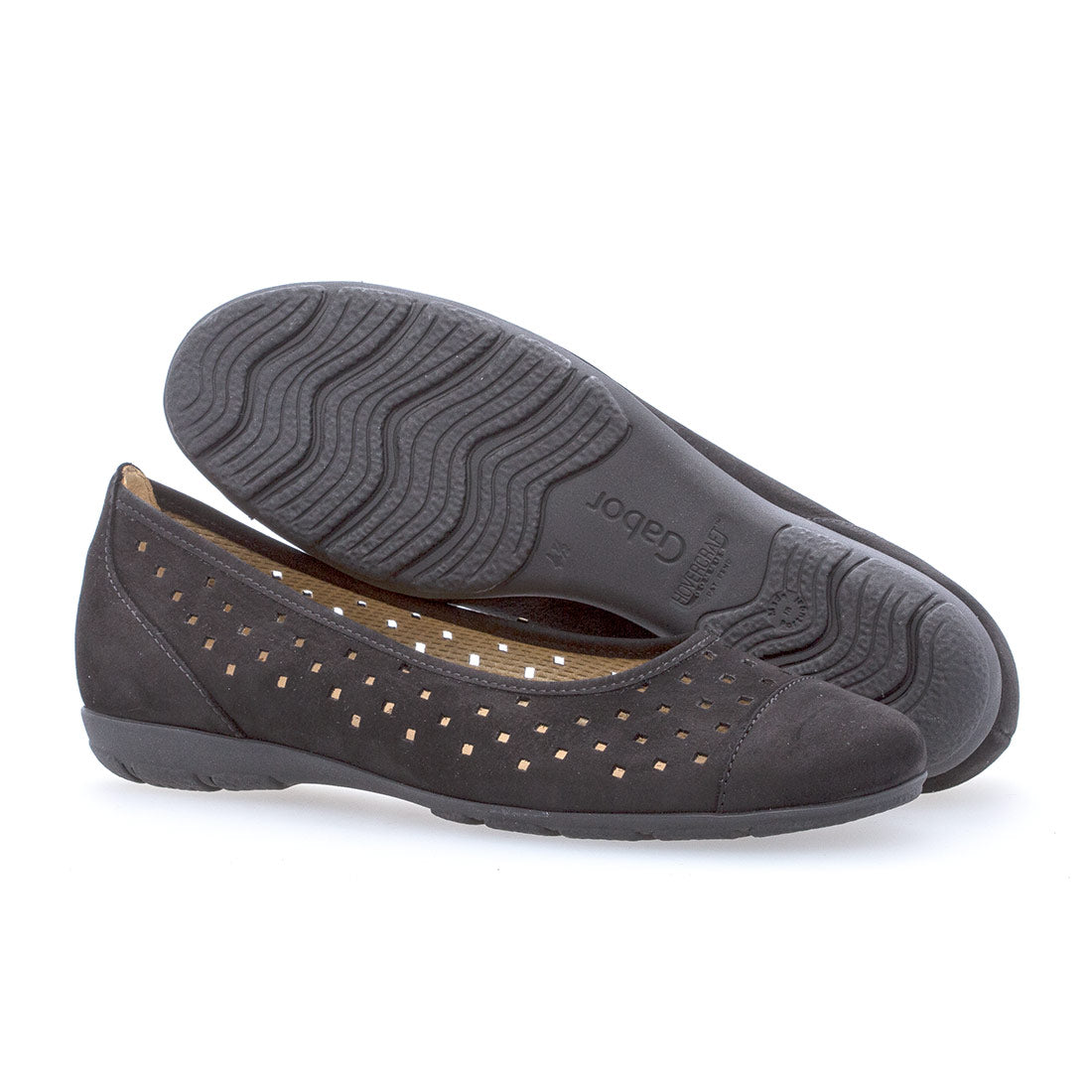 GABOR Black nubuck ballerina with hole pattern,