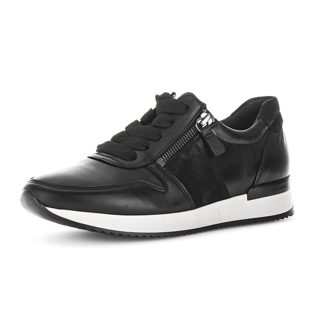 GABOR Black leather sneaker with laces + zipper,
