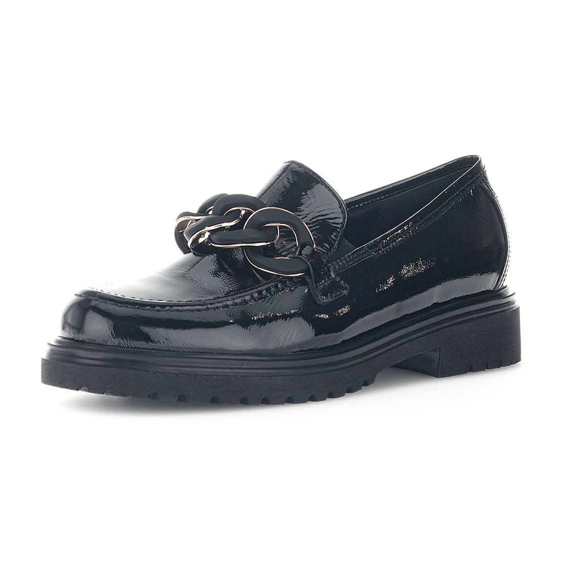 GABOR Black lacquer loafer with chain decoration,