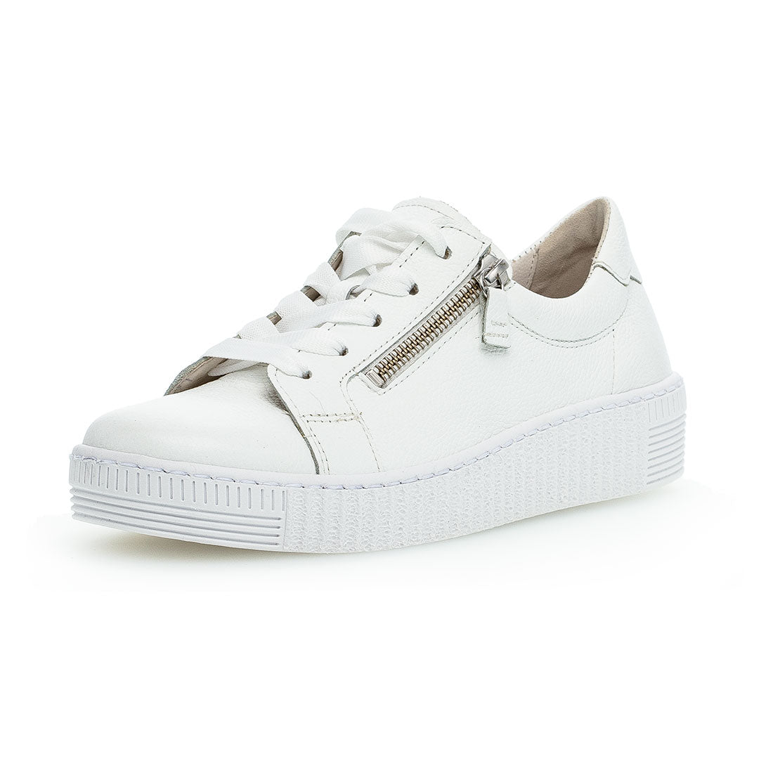 GABOR White leather sneaker with zip + lace,
