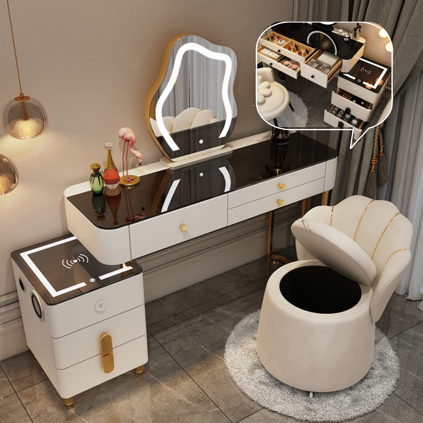 【Furniture】Vanity Set Makeup Vanity Desk with Charging Station and
