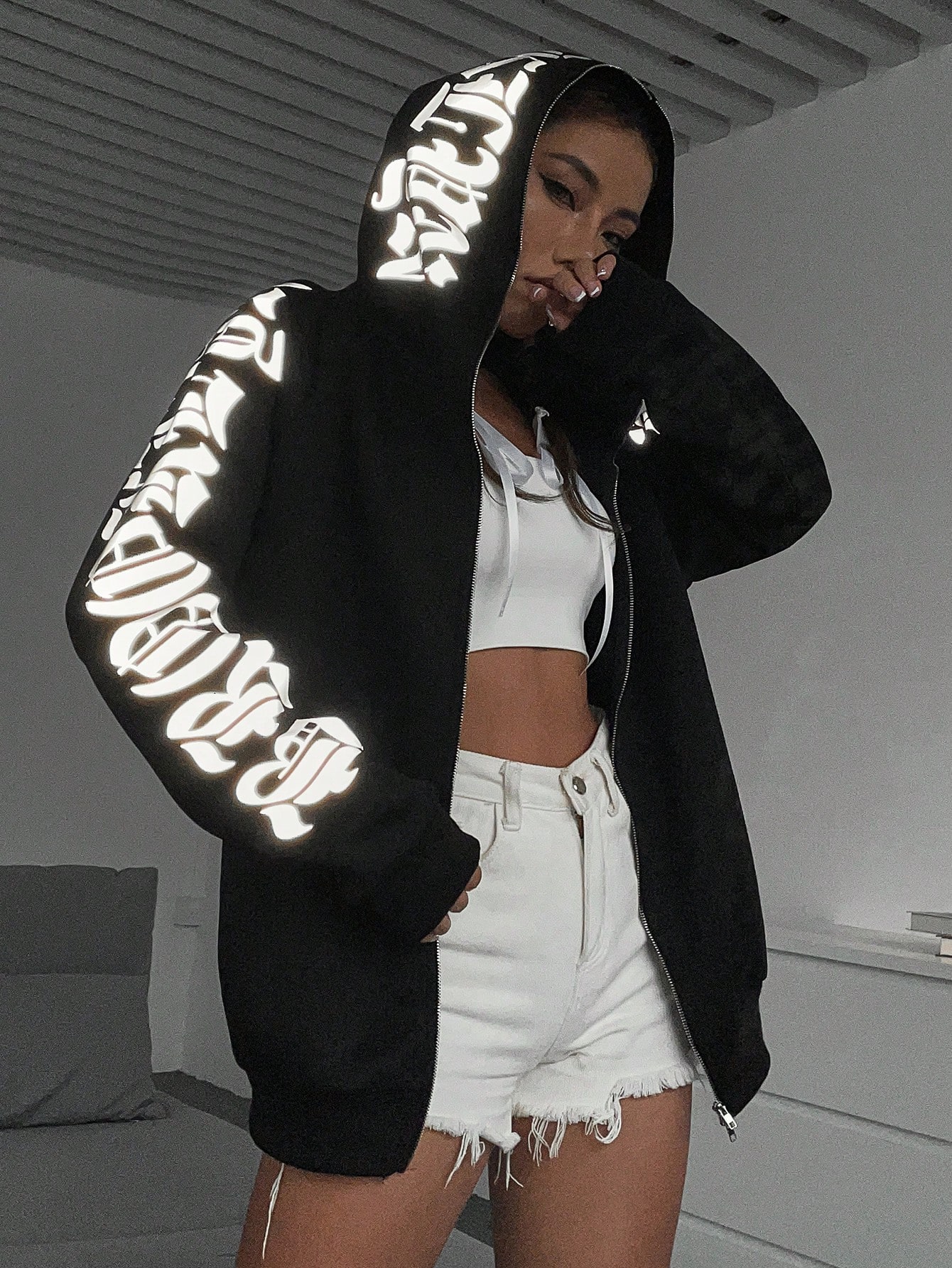 Coolane Reflective Letter Graphic Zip Up Drop Shoulder Hoodie