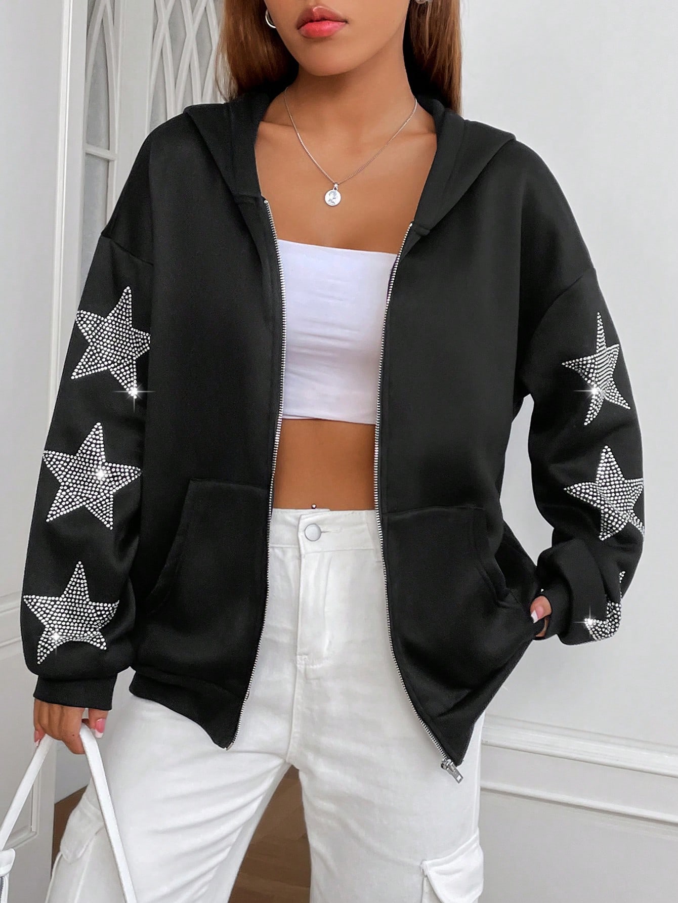 EZwear Rhinestone Star Pattern Drop Shoulder Zip Up Hoodie