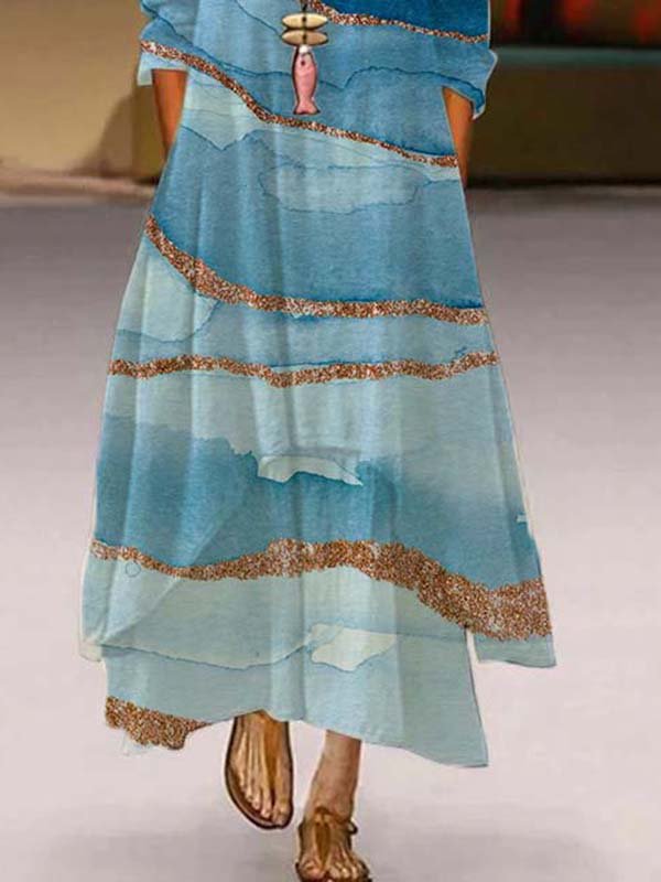 3/4 Sleeve Cotton-Blend Printed Casual Weaving Dress