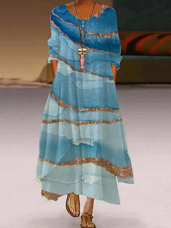 3/4 Sleeve Cotton-Blend Printed Casual Weaving Dress