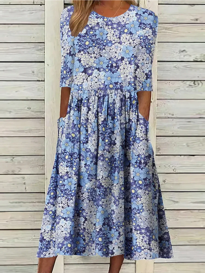 Vacation Knitted Crew Neck Floral Dress