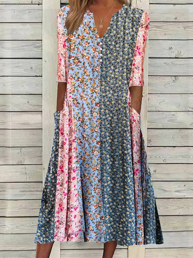 Ditsy Floral V Neck Color Block Boho Vacation Dress