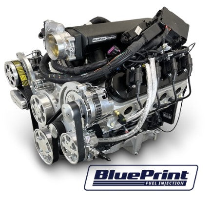 GM LS Compatible 376 c.i. Pro Series Engine - 525 Horsepower - Deluxe Dressed - Polished Pulley Kit - BluePrint Engines Calibrated ECU