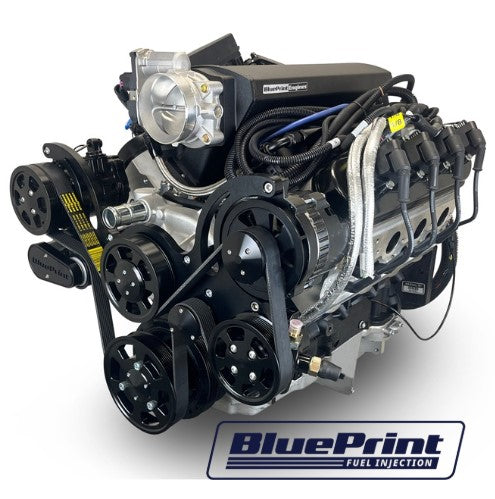 GM LS Compatible 376 c.i. Pro Series Engine - 525 Horsepower - Deluxe Dressed - Black Pulley Kit - BluePrint Engines Calibrated ECU
