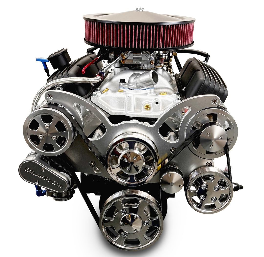 GM Small Block Compatible 383 c.i. Engine and TKX Manual Transmission - 436 Horsepower - Standard Edition Builder Series - Polished Pulley Kit - Carbureted