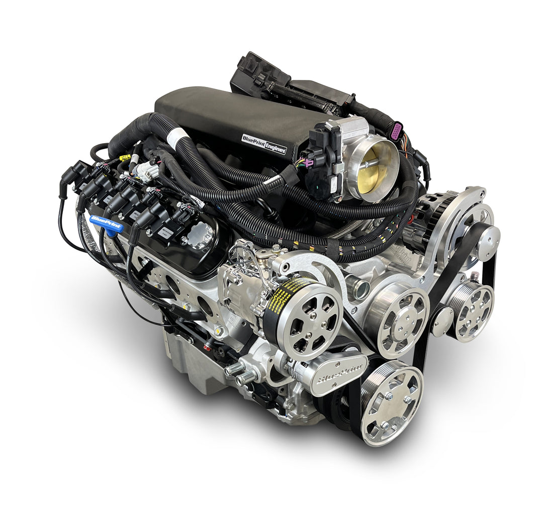 GM LS Compatible 376 c.i. Pro Series Engine - 525 Horsepower - Deluxe Dressed - Polished Pulley Kit - BluePrint Engines Calibrated ECU