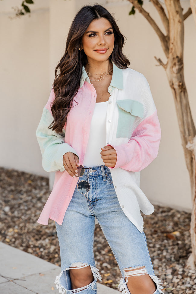 Just So You Know Sage And Pink Colorblock Button Up Gauze Blouse
