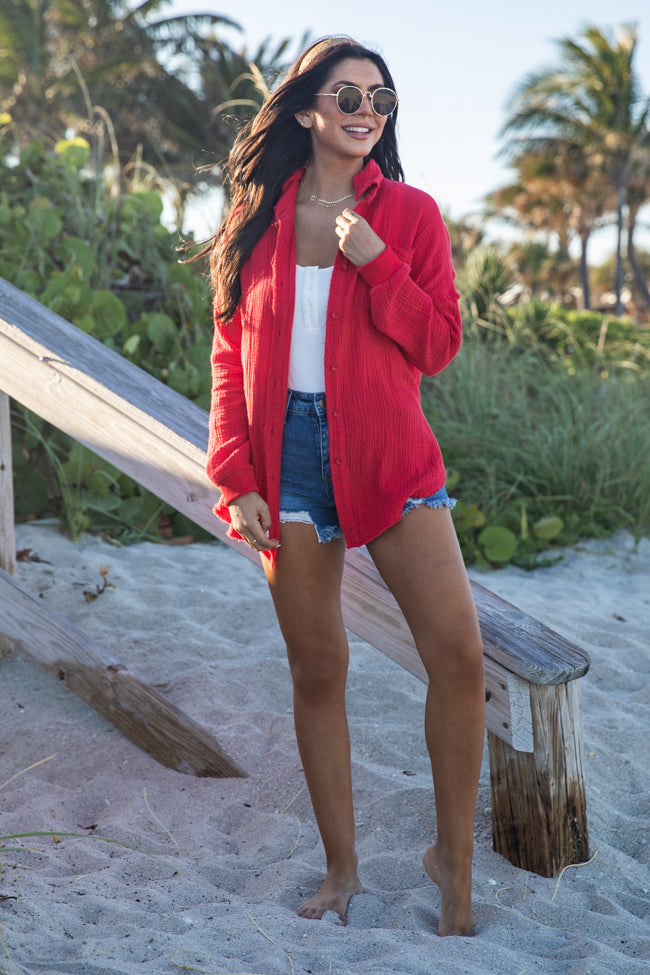 Let Me Adore You Red Button Front Gauze Blouse